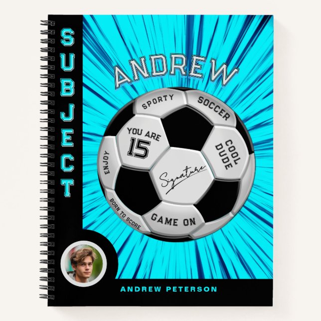 Editable Soccer Ball Bold Font Blue Birthday Notebook (Front)