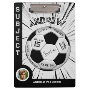 Editable Soccer Ball Modern Black White Milestone Clipboard
