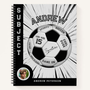 Editable Soccer Ball Modern Black White Milestone Notebook