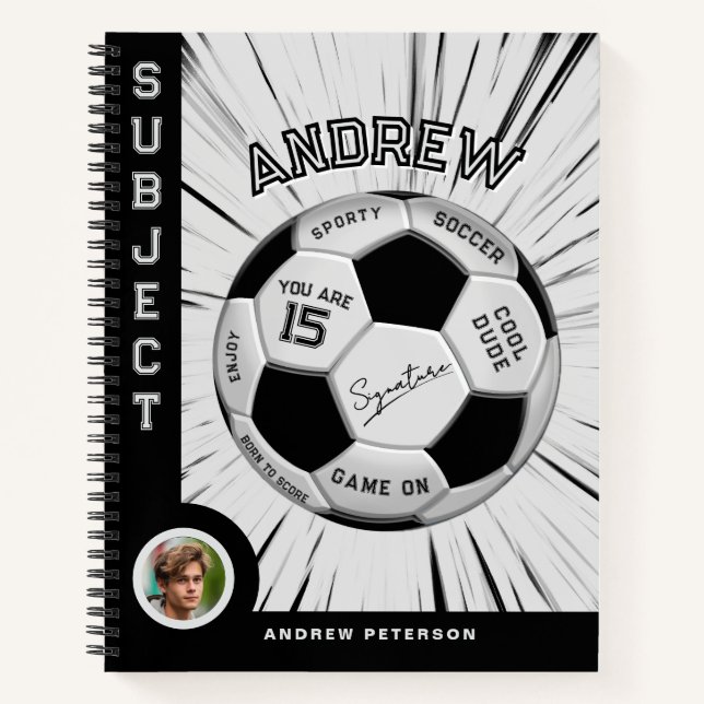 Editable Soccer Ball Modern Black White Milestone Notebook (Front)