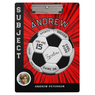 Editable Soccer Ball Modern Red Milestone Birthday Clipboard