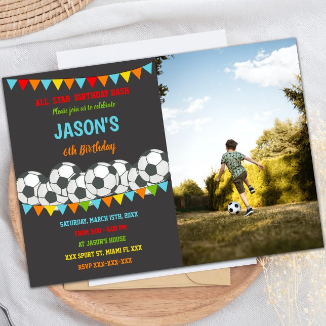 Editable Soccer Party Invitations for Kids (Yellow Red Flags Soccer Invitations with photo)