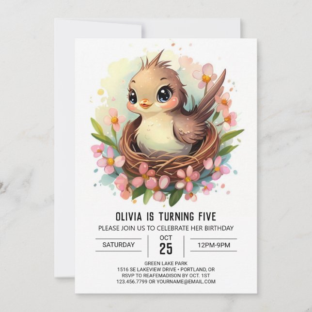 Editable Songbird Bird Birthday Invitation (Front)