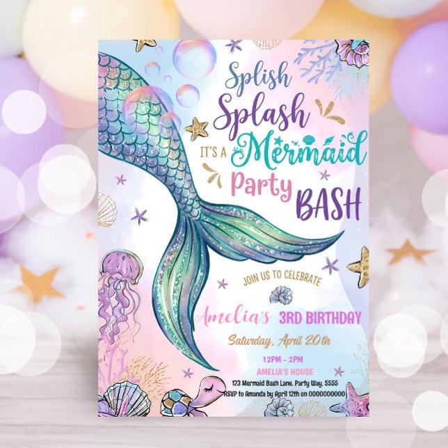 Editable Sparkle Mermaid Party Invitation Pool Gir (Creator Uploaded)