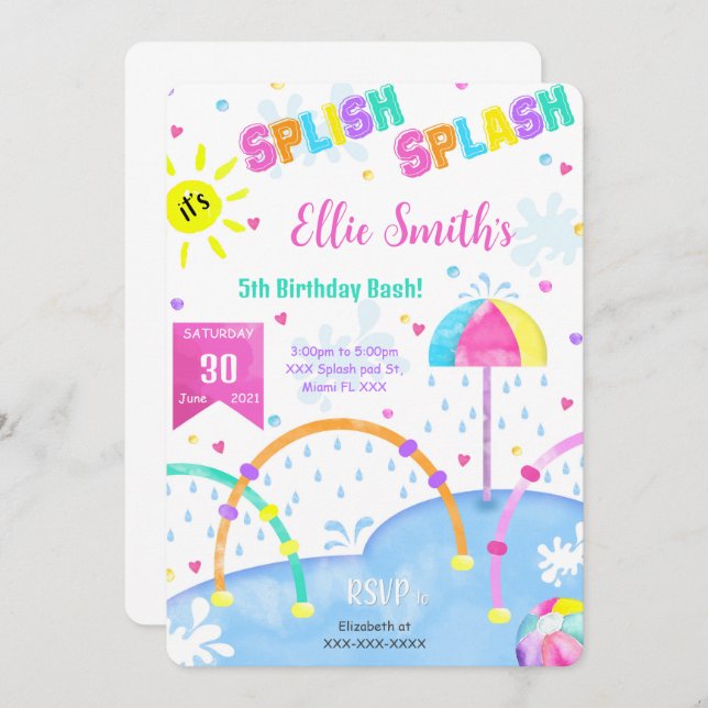 Editable Splash Pad Birthday Invitation (Front/Back)