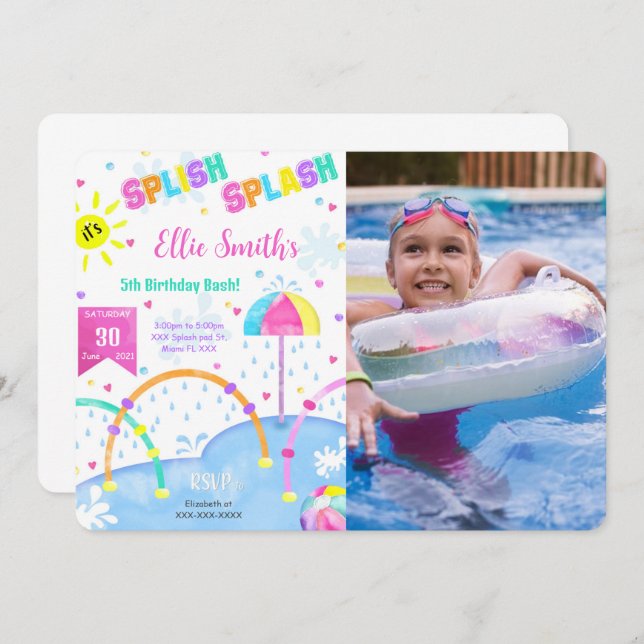 Editable Splash Pad Birthday Photo Invitation (Front/Back)