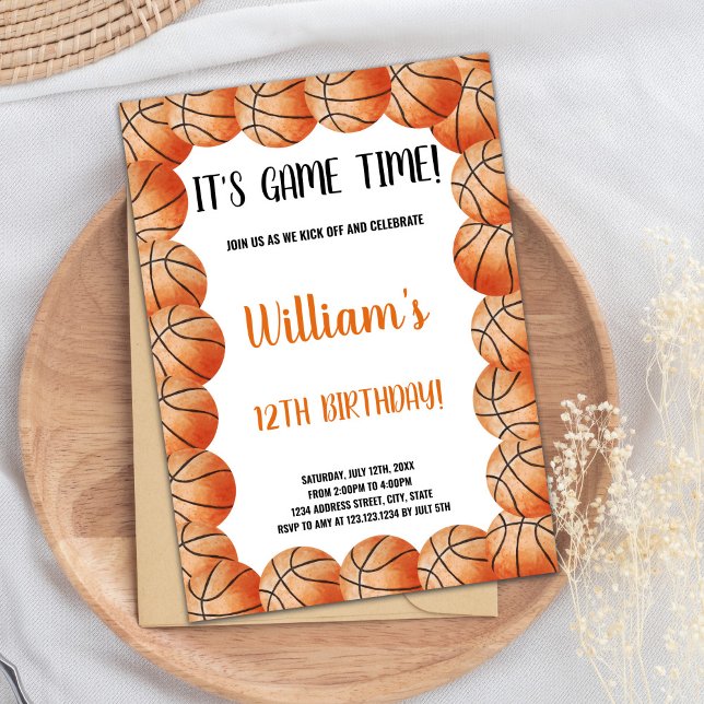 Editable Sports Party Card for Kids (Basketballs Orange Round Birthday Invitations)