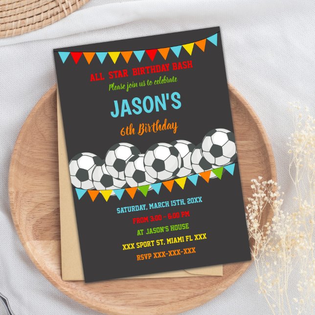 Editable Sports Party Invite for Kids (Yellow Red Flags Soccer Invitations)