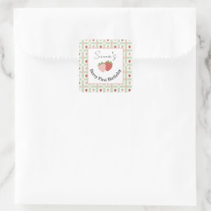 Editable Square Strawberry Gingham 1st Birthday  Sticker