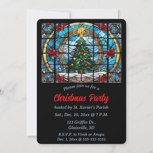 Editable Stained Glass Christmas Tree and Bows  Invitation (Front)