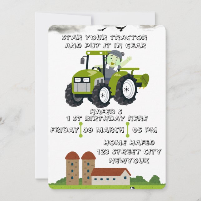 Editable Start Your Tractor 1st Birthday Animated  Invitation (Front)
