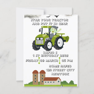 Editable Start Your Tractor 1st Birthday Animated  Postcard