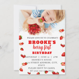 Editable Strawberry 1st Birthday Invitation