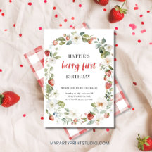 Editable Strawberry 1st Birthday Party Invitation