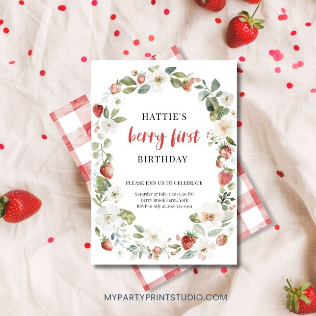 Editable Strawberry 1st Birthday Party Invitation (Creator Uploaded)