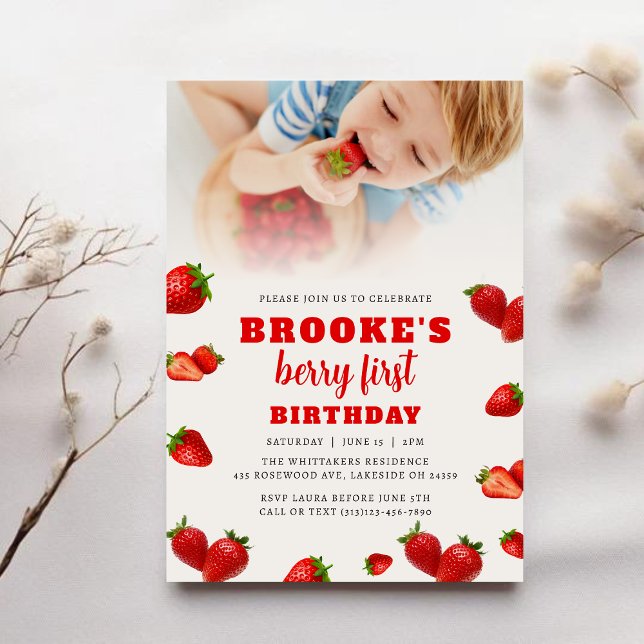 Editable Strawberry Berry 1st Birthday Invitation (Creator Uploaded)