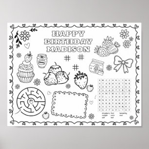 Editable strawberry Birthday colouring mat Poster