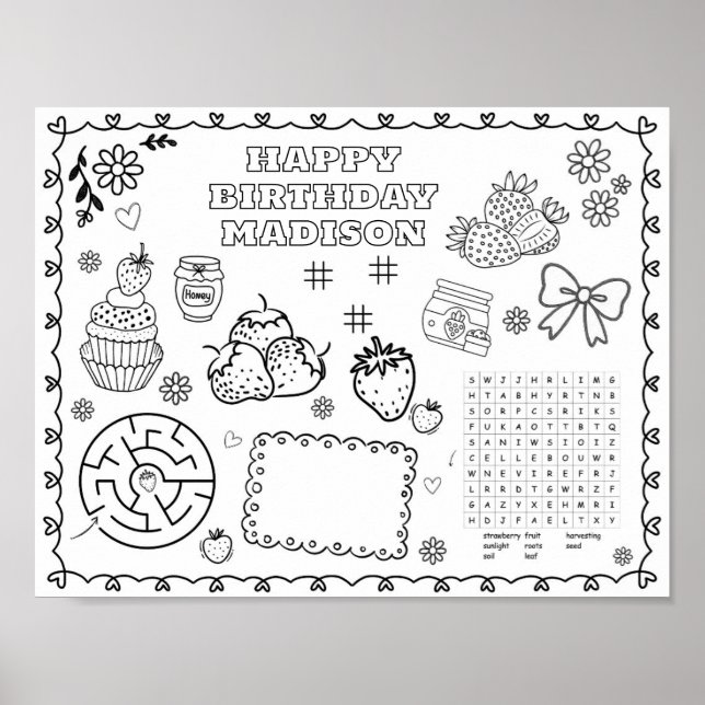 Editable strawberry Birthday colouring mat  Poster (Front)