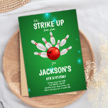 Editable Strike Party Invite for Kids<br><div class="desc">Get ready to roll with this bold and exciting Green Bowling Birthday Invitation! Featuring a bright green background, bowling pins, and ball graphics, this editable invite is perfect for kids who love to strike and celebrate at the lanes. Customise with your child’s name, age, date, time, location, and RSVP details...</div>