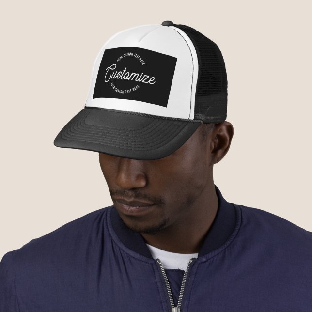Editable Stylish Cursive & Modern Circular Text Trucker Hat (In Situ)