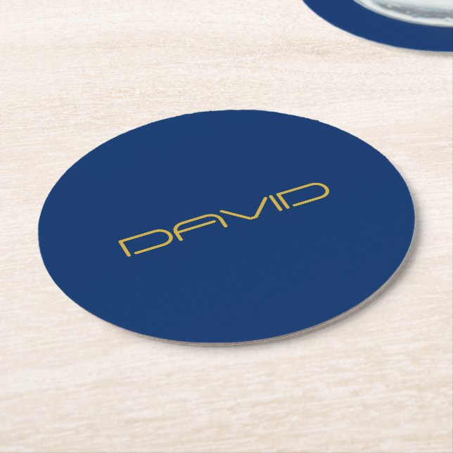 Editable Stylish Text | Gold & Navy Blue Round Paper Coaster (Angled)