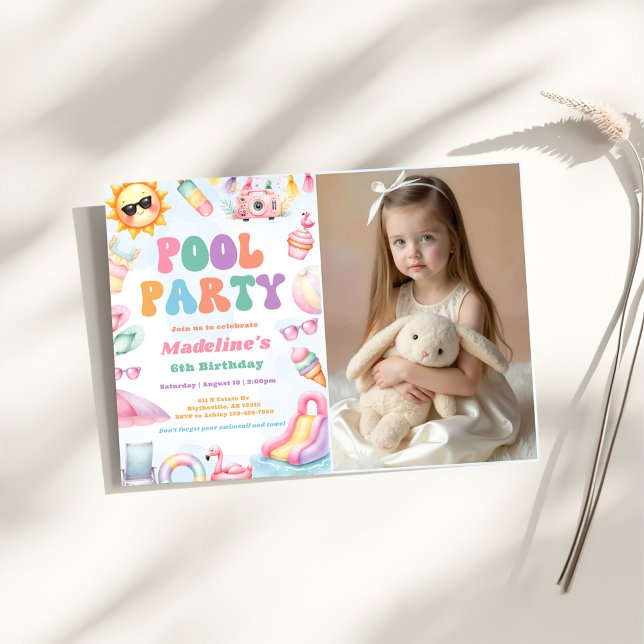 Editable Summer Pool Party Birthday Party Photo Invitation (Creator Uploaded)