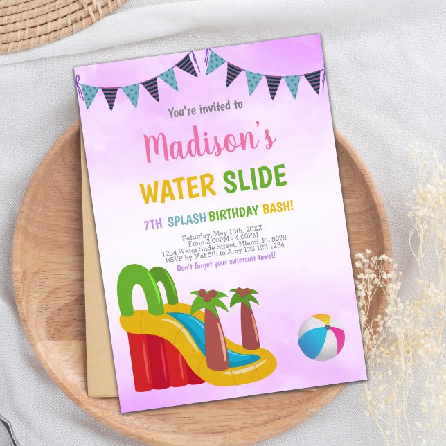 Editable Summer Splash Party Invite for Girls (Purple Water Slide Invitations)