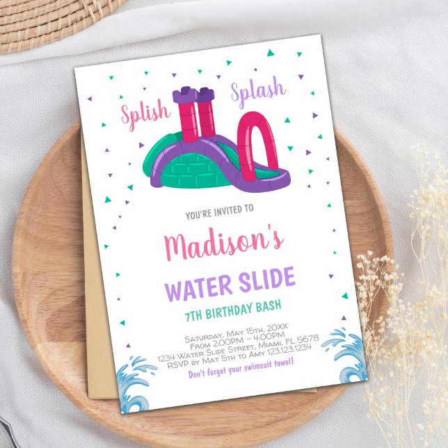 Editable Summer Splash Party Invite for Girls (Purple Pink Water Slide Birthday Invitations)