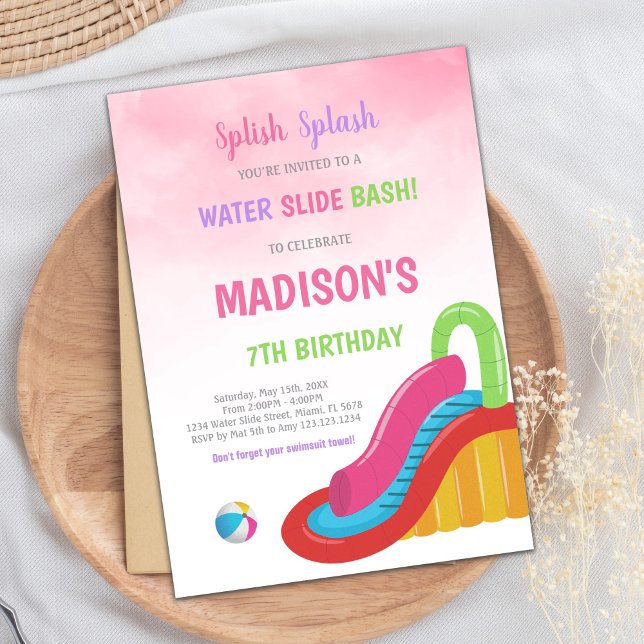 Editable Summer Splash Party Invite for Girls (Pink Water Slide Birthday Invitations)