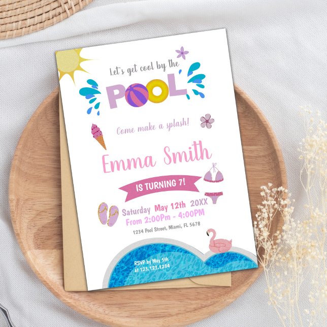 Editable Summer Swim Party Invite for Girls (Sun Pink Purple Pool Birthday Invitations)