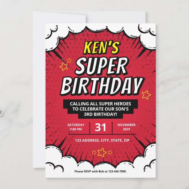 Editable Super Hero Birthday Party Invites (Front)