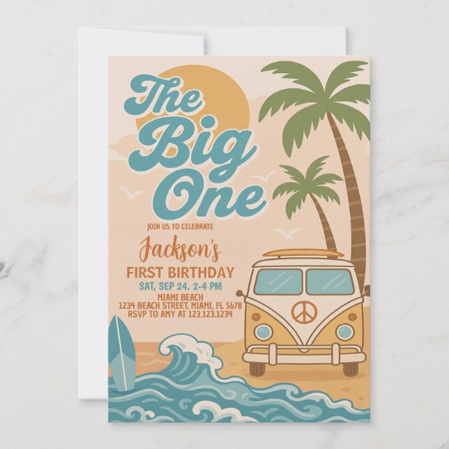 Editable Surfing The Big One Boy 1st Birthday Invitation (Front)