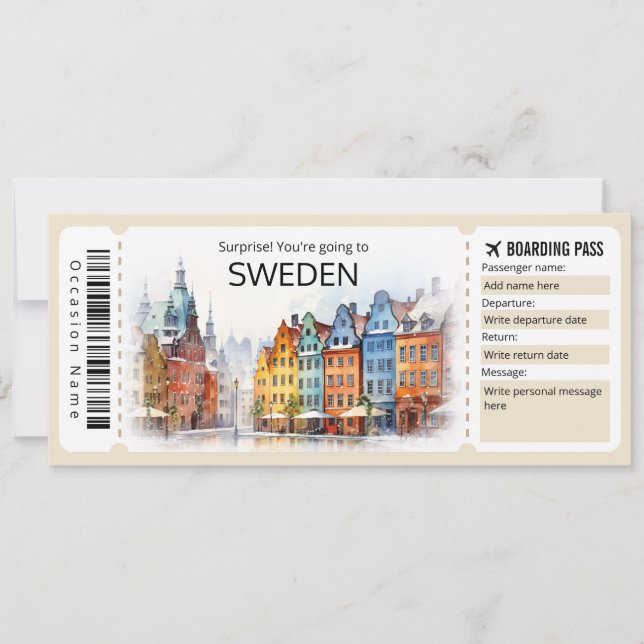 Editable Sweden Plane ticket, Sweden Trip Invitation (Front)