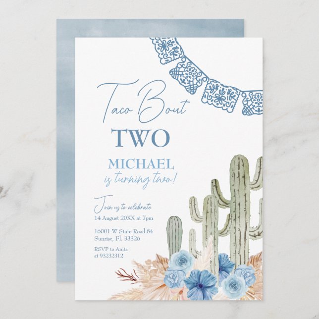 Editable Taco Bout Two Birthday Invitation (Front/Back)