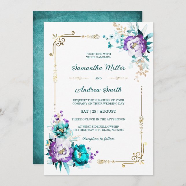Editable Teal and Purple Gold Wedding Invitation (Front/Back)