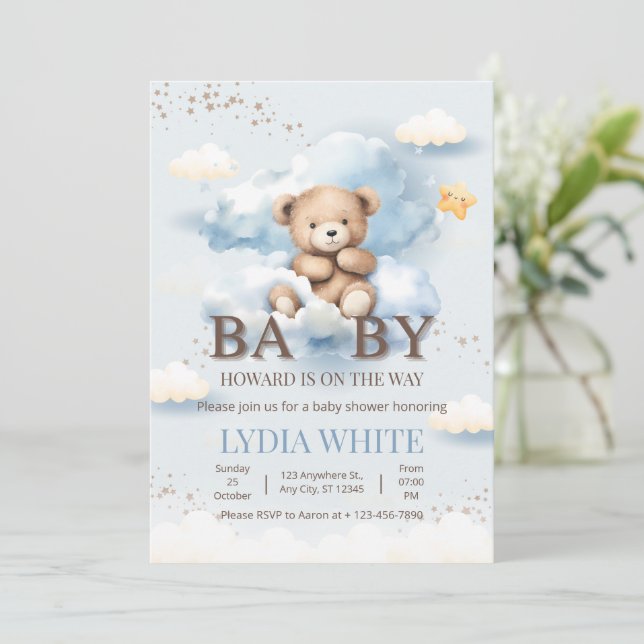 Editable Teddy Bear Baby Shower Can Bearly Wait Invitation (Standing Front)