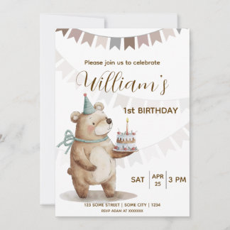 Editable Teddy Bear First Birthday Invitation 