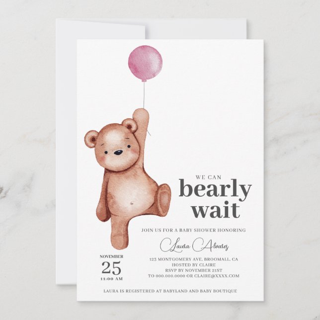 EDITABLE Teddy Bear Girl Baby Shower Invitation (Front)