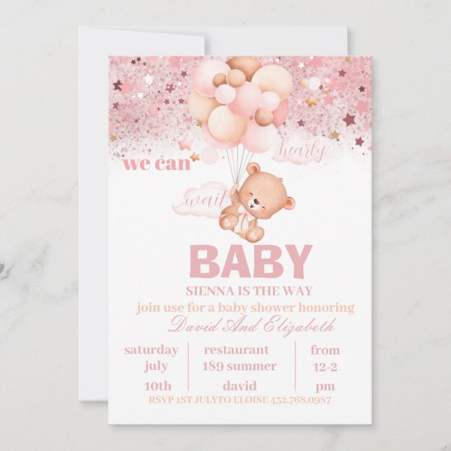 Editable Teddy Bear Hot Air Balloon Baby Shower In Invitation (Front)