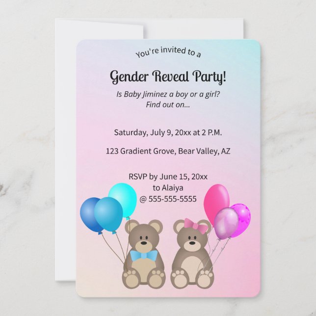 Editable Teddy Bears and Balloons Gender Reveal Invitation (Front)
