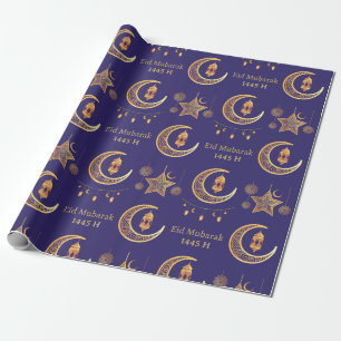 Editable Text Eid Al-Fitr Mubarak Dark Blue Wrapping Paper