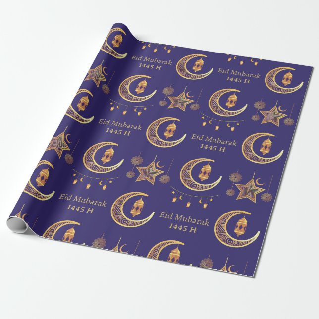 Editable Text Eid Al-Fitr Mubarak Dark Blue Wrapping Paper (Unrolled)