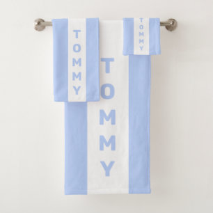 Editable Text on Light Blue and White Striped Bath Towel Set