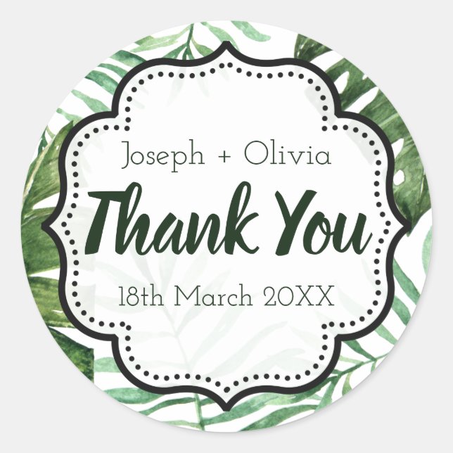 Editable Thank You Green Tropical Party Favour Classic Round Sticker (Front)