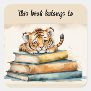 Editable Tiger and Books Bookplate Sticker