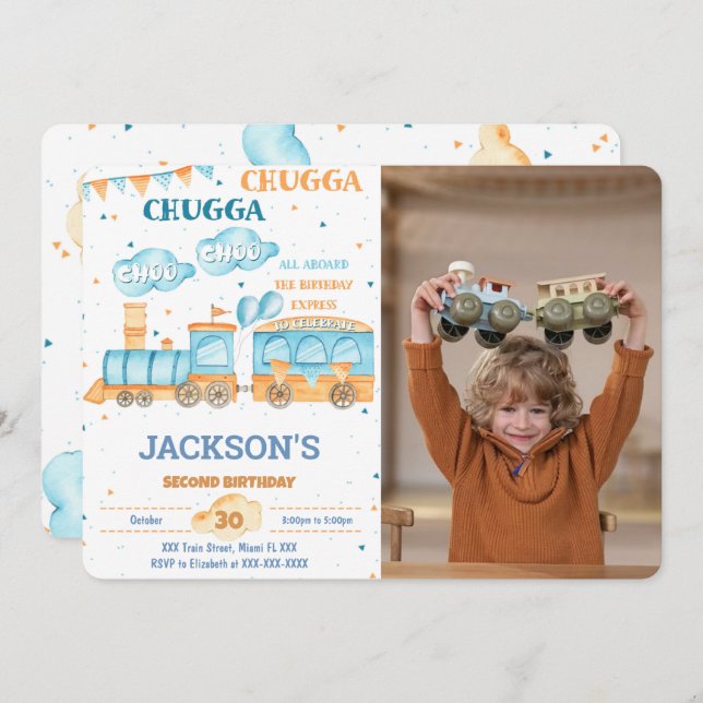 Editable Train Birthday Photo Invitations (Front/Back)