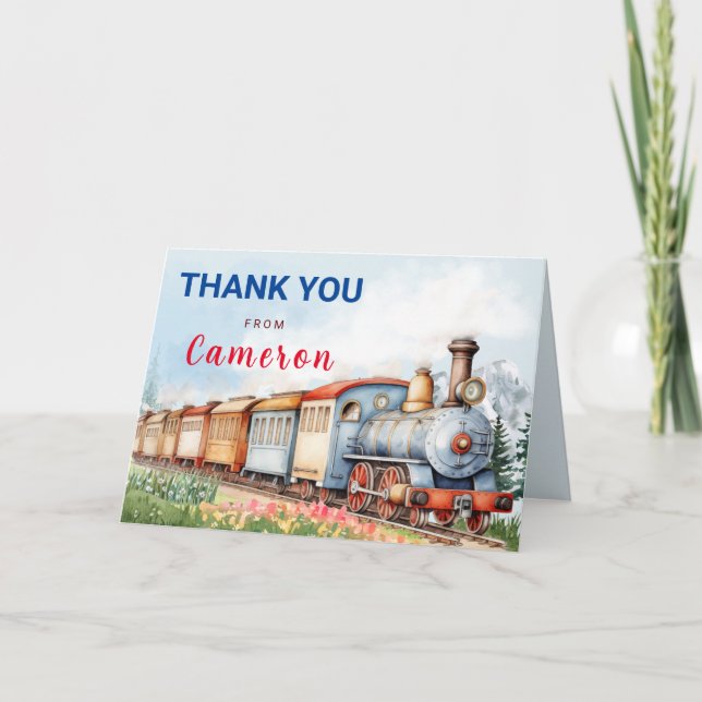 Editable Train Folded Birthday Thank You Card (Front)