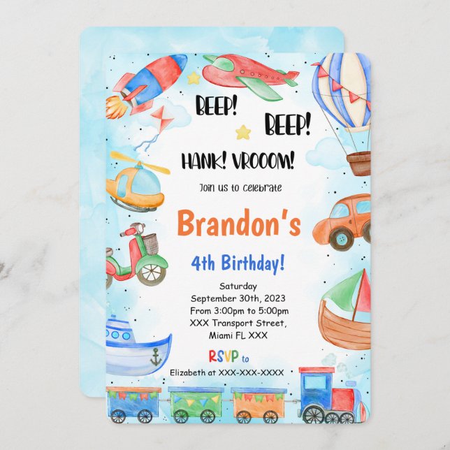 Editable Transportation Birthday Party Invitation (Front/Back)