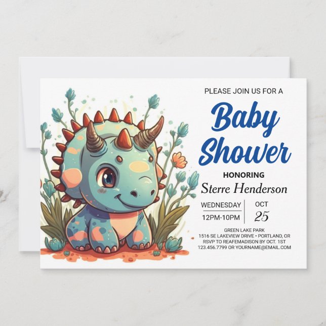 Editable Triceratops Dinosaur Boy Baby Shower Invitation (Front)