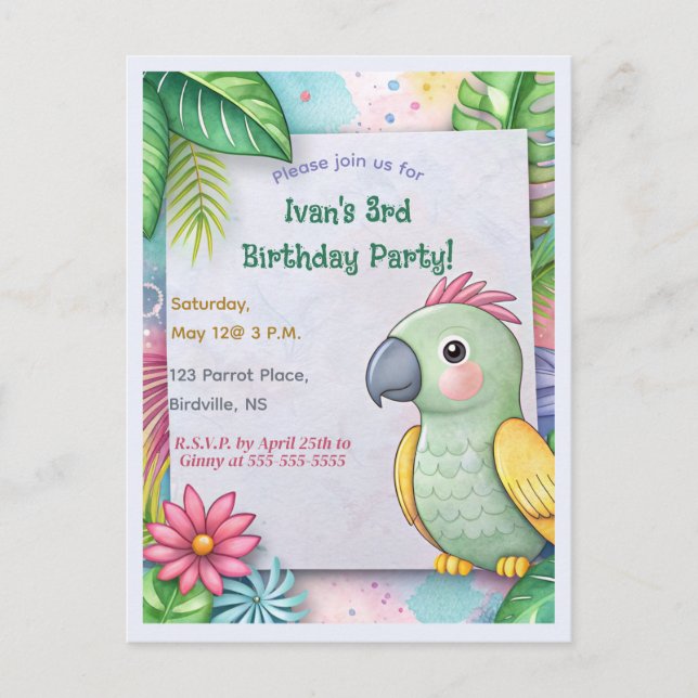Editable Tropical Parrot Birthday Invitation Postcard (Front)